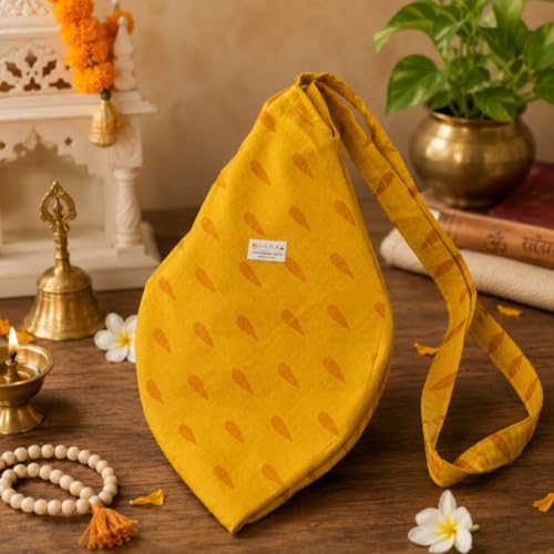 Image of Original Pure Cotton Gomukhi Japa Mala Bag /Chanting Bag or Beads Bag /Jholi /Thole with Zip Pocket and Sakshi Mala Counter (Golden Yellow)