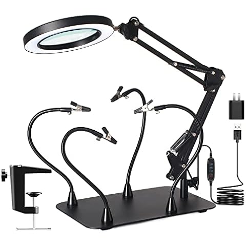KUVRS 10X Magnifying Glass with Light and Stand, Flexible Magnetic Helping Hands, Large Base & Clamp Magnifying Lamp, 3 Color Adjustable Arm Hands Free Magnifier with Light for Soldering Craft Hobby Cover