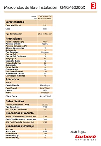 Corberó - Microondas Libre Instalación | CMICM6020GX | 700W | 20L || Grill Gratinar y Asar | Descongelar | 9 Niveles Potencia | Temporizador | Plato Giratorio | 26x44x34 | Inox - imagen 6