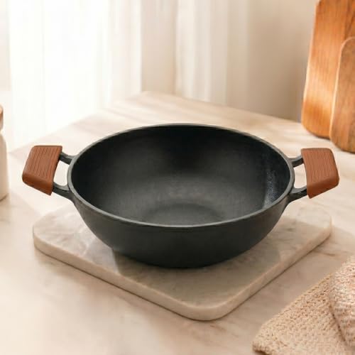 Image of HomeEssentials Pre-Seasoned Cast Iron Kadai | 100% Pure Cast Iron | 24cm, 2.5-2.7L | Silicone Grip Handles | Naturally Non-Stick & Non-Toxic | for Gas, Ceramic & Electric Cooktops