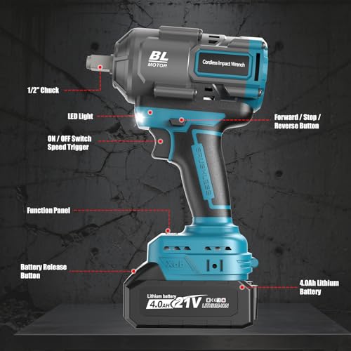 blayram 1200Nm Schlagschrauber Akku Kompatibel mit Ma-kkita 18V Lithium-Akku, 1/2 Zoll Bürstenloser Schlagschrauber mit 2x 4.0Ah Batterie, 5 Stecknüsse für Autoreifen, Automobilmontage und Gerüstbau