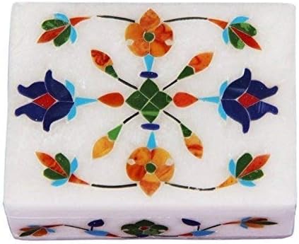 Floral Symmetry Marble Inlay Jewelry Box Gorgeous Handmade Organizer Trinket Box (4 X 3 inch) with Floral Inlay - Shiny Decorative Marble Ring Box Inlay Art - Unique Art work Great Birthday Gift