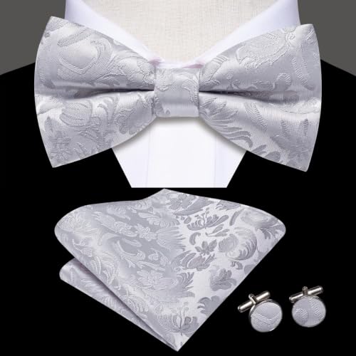 Image of Dubulle Mens Paisley Striped Bowtie Set Pre-tied Bowtie for Men and Pocket Square Set Wedding Business