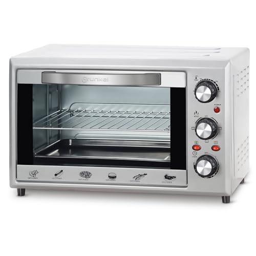 Grunkel - Horno eléctrico multifunción de sobremesa de 28L - HR-28SILVER - Con 3 funciones de calor, selector de temperatura hasta 230ºC y temporizador de 60 min. Accesorios incluidos - 1600W - Gris