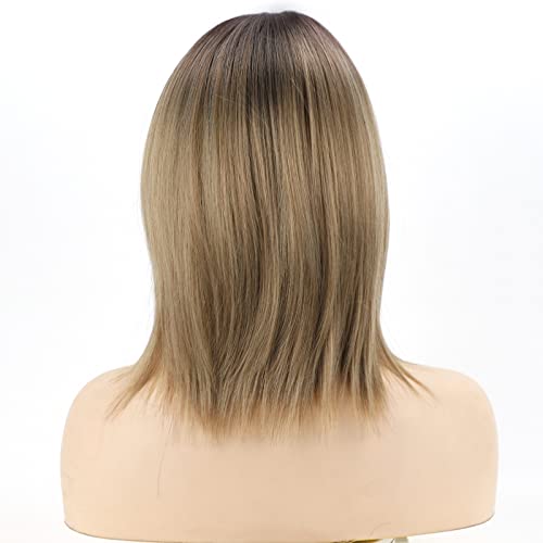 Renershow Short Ombre Blonde Wig With Bangs Layered Straight Bob Synthetic Wigs For Women Mixed Blond Wig With Dark Roots Natural Looking Daily Party Wig(14Inch) #TOP2