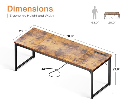 Image of Coleshome 71 Inch Computer Desk with USB Ports, Large Office Desk, Long Study Student Writing Desk, Rustic Brown