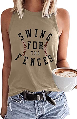MHTOR Baseball O-Neck Tank Women Print Baseball Tanks Cute Workout Graphic Casual Summer Sleeveless Vest Top (Medium Khaki)