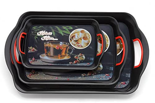 Image of Finner Premium Era Serving Tray Set of 3 Kashmiri Kahwa Print Design Plastic Material Glossy Finish BPA Free Trays for Kitchen and Office and Home Decor (Black, Set of 3)