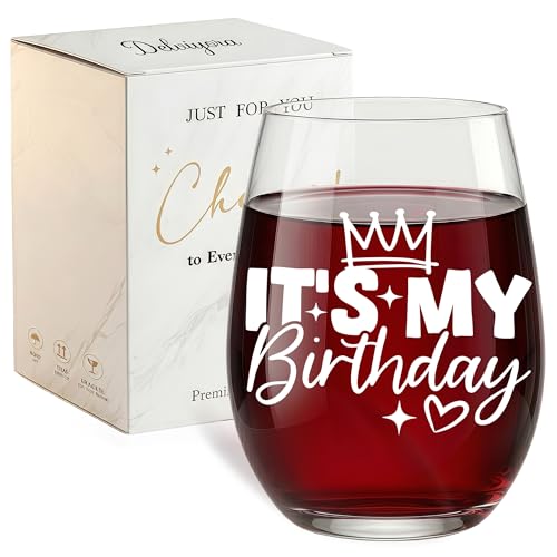 Delviyora It‘s My Birthdays,Funny Wine Glass Birthday Gift for Women,Cute Birthday Gift Idea for Her Mom Friends Sister Daughter,Stemless Wine Glass 11.3 oz Birthday Party Decorations Supplies