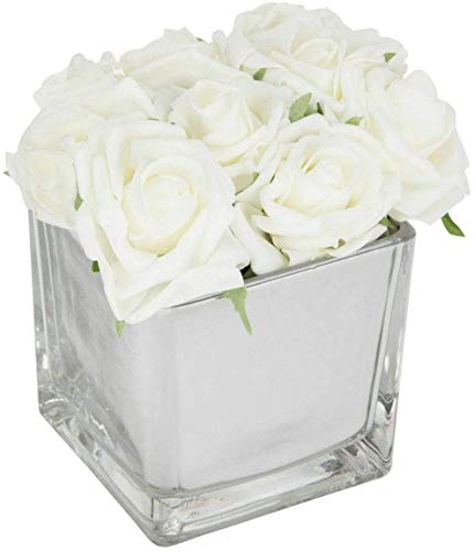 Artificial White Roses in Mirror Cube Artificial Plant Flower Ornament Artificial Flowers Hotel Wedding Home Decorative Flower Home Decor Gift