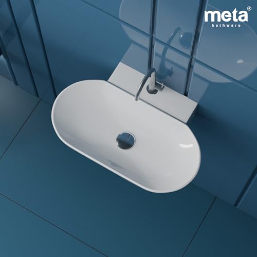 Image of Meta Bathware Premium Oval Wash Basin | Wall Mount Ceramic Sink for Bathroom | Sleek Glossy Finish | Scratch Resistant & Easy Clean | Modern Sanitary Ware for Home & Office (22.5x16x5 Inch)