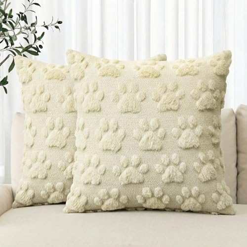 AVOIN colorlife Pet Dog Paws Beige Throw Pillow Covers 18 x 18 Inch Soft Plush Faux Fur Jacquard Cushion Case Farmhouse Decoration for Sofa Couch Set of 2