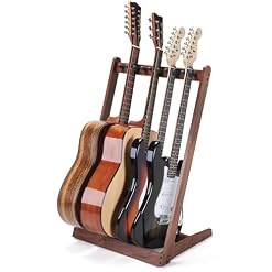 Multi Guitar Stand, Black Walnut Wood Multiple Guitar Rack for 3 Acoustic, 5 Electric or 5 Bass, Hardwood Instrument Rack for Men, Wooden Floor Acoustic Stand for Home Decor, Studio Display - Les Beatles, Paul McCartney, John Lennon, RIngo Starr, George Harrison