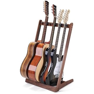 Multi Guitar Stand, Black Walnut Wood Multiple Guitar Rack for 3 Acoustic, 5 Electric or 5 Bass, Hardwood Instrument Rack for Men, Wooden Floor Acoustic Stand for Home Decor, Studio Display - Les Beatles, Paul McCartney, John Lennon, RIngo Starr, George Harrison