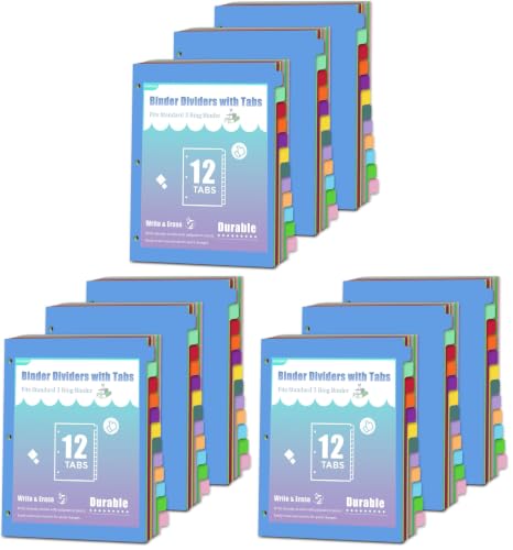 Image of 12-Tab Binder dividers with tabs for 3 Ring Binder, Write & Erase, Dividers for 8.5 x 11'' Letter Size Papers, Assorted Color, 3 Set, Ideal for Student, Teacher (Pack of 3)