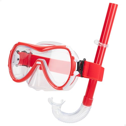 AKTIVE Aqua Sport Kit Gafas Snorkel niño, Máscara Ajustable, Tubo de Buceo, Sin látex, Hipoalergénico, 2 Colores, Negro, Rojo, Envío Aleatorio, Red Rejilla de Transporte, 12 años (54242)
