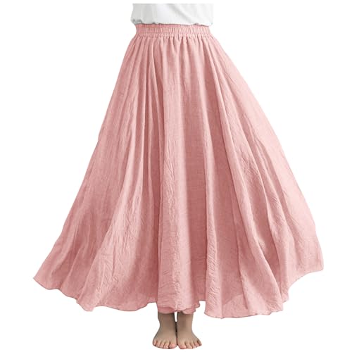 Women's Bohemian Style Elastic Waist Band Linen Long Maxi Skirt Dress Casual Summer Baggy A-Line Flowy Swing Skirts