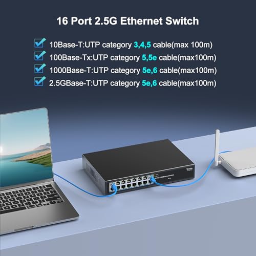 Image of Vimin 16 Port 2.5GB Unmanaged Ethernet Switch Plug & Play | 16 Port 2.5G Switch Unmanaged Compatible with 10 /100 /1000 /2500Mbps, Metal Housing, Fanless