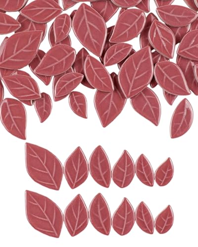 200g Mixed Sizes Leaves Mosaic Tiles for Craft Bulk, Small Ceramic DIY Stepping Stone Kit, Glazed Porcelain Tiles for Coasters Lamp Bathroom Decorations (Burgundy)
