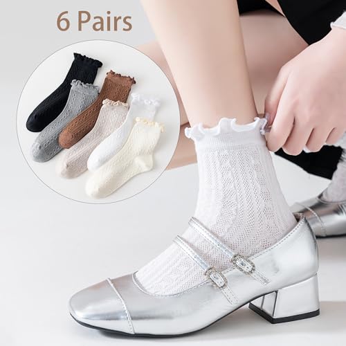 Image of Mcool Mary Womens Crew Socks Ruffle Casual Cotton Frilly Breathable Cute Knit Lettuce Trim Dress Ankle Socks 6 Pack