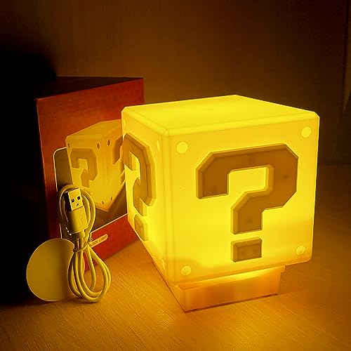 hopanrel Super Bros Question Block Lamp Square LED Night Light with USB Cable Table Lamp with Play Game Coin Sound Effect Bedside Lamp Decor Toy Gift for Boy Girls