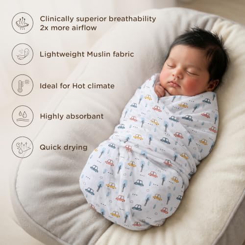 Image of Mee Mee 100% Muslin Cotton Swaddle Wrapper Set (Pack of 3) | Soft, Quick-Drying & Highly Absorbent Baby Blanket Towel | Printed Mulmul Cloth for Newborn Essentials (Multicolour, 100 x 100 cm)