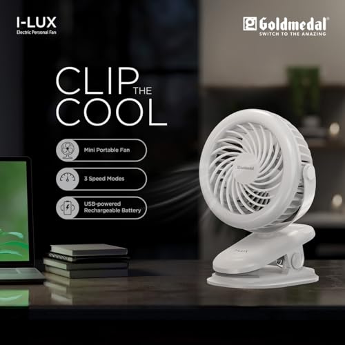 Image of Goldmedal I-Lux 100 mm Portable Desk Mounted Clip Fan| Multi-Clip Function| Type-C USB-Powered Rechargeable Battery with 6-7 Hours Backup| Bright Light | Personal Fan for Home & Office (White)