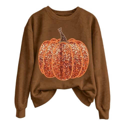 TRCELECTROP Pumpkin Graphic Sweatshirts for Women Sequin Pumpkin Halloween Sweatshirt Oversized Thanksgiving Crew Neck Top Brown - image 5