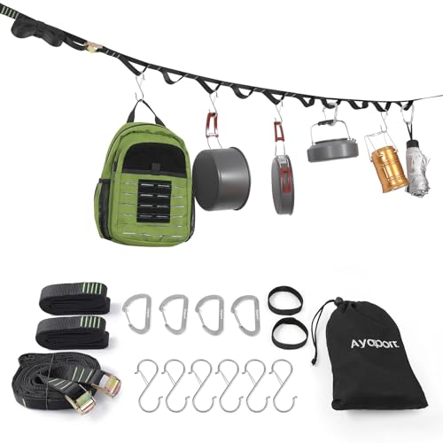 Ayaport Campsite Storage Strap Tent Camping Tree Hanging Organizer with 4 Carabiner Hooks 6 Stainless Steel S Hooks & 20 Separated Loops, Camping Set Travel & Outdoor Camping Gear