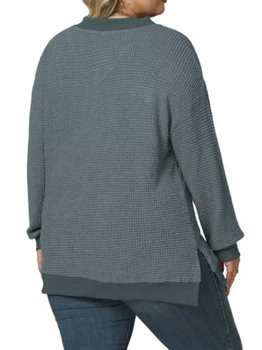 Image of DOLNINE Plus-Size-Tops for Women Casual V Neck Pullover Cute Waffle Knit Lantern Sleeve Sweaters Fashion Side Split Tunics