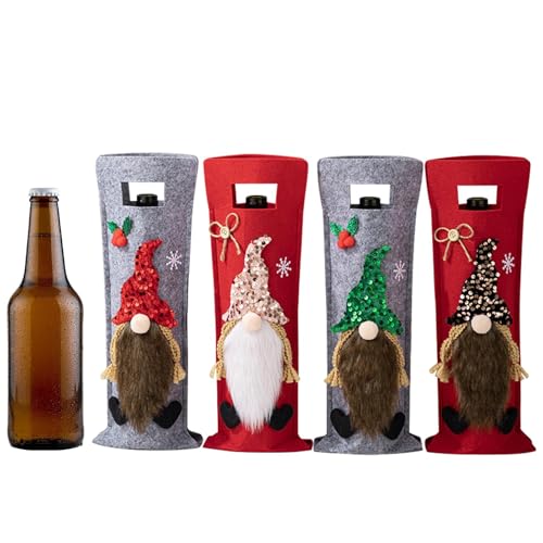 Ropa de vino de Navidad con diseño de gnomos, 4 fundas para botellas de vino de fieltro suave de dibujos animados, decoraciones de fiesta de Navidad, fundas hechas a mano para botella de vino para