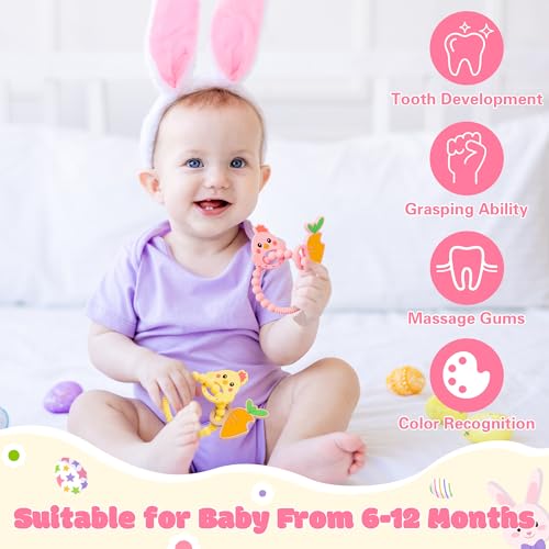 Image of Silicone Teether Toys for Babies - 2ooya 2Pcs Easter Pink Yellow Carrot Chick Teething Ring Infant Soft Teethers, Toddler Teething Chew Toys for Newborn Boy and Girl Easter Baby Shower Birthday Gifts