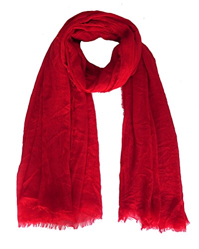 Lina & Lily Super Large Crinkled Stretchy Plain Color Women's Scarf Wrap with Frayed Edges (Red)