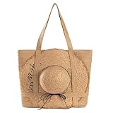 QIANAIWO Boho Straw Beach Tote Bag with Zipper for Women, Summer Travel Bag with Hat Holder, Large Woven Bag for Vacation