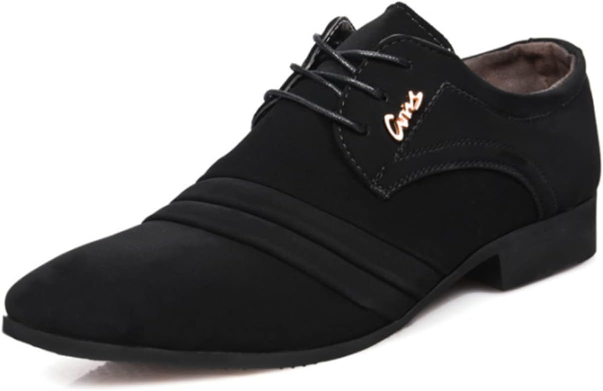 RimholdMens Pointed Toe Oxfords Wedding Lace-ups Flat Driving Loafers Pleated Suede Fashion Brogues Party Shoe Men Office Shoes Black