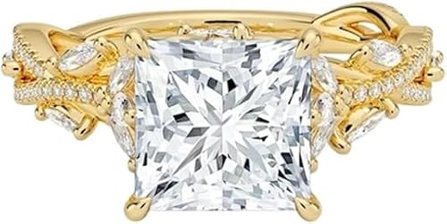 2 Carat Yellow Gold Princess Cut Moissanite Engagement Ring for Women, Nature Inspired Floral Leaf Design, 10K 14K 18K Solid Gold or 925 Sterling Silver, Vintage Promise Wedding Ring, Unique Proposal Ring Gift