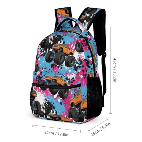 Backpack Book Bags with Lunch Box Storage Bag Backpack Set Daypack with Lunch Bag and Cosmetic Bags (Splash Ink Monster Truck)2