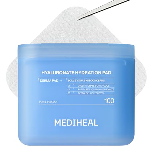 MEDIHEAL Toner Pads 100 Count - Hyaluronate 99% Pure Low-Molecular Hyaluronic Acid - Intensive Hydration&Soothing - Contains Squalane to Increase Absorption - Vegan Gel Texture Pad, Korean Skin Care