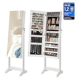 SONGMICS Schmuckschrank, Spiegelschrank stehend, mit 2 separaten Make-up Organizern, rahmenloser Ganzkörperspiegel, abschließbar, für Ketten, Ohrringe, Schminke, weiß JJC002W01
