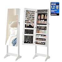 SONGMICS Schmuckschrank, Spiegelschrank stehend, mit 2 separaten Make-up Organizern, rahmenloser Ganzkörperspiegel, abschließbar, für Ketten, Ohrringe, Schminke, weiß JJC002W01