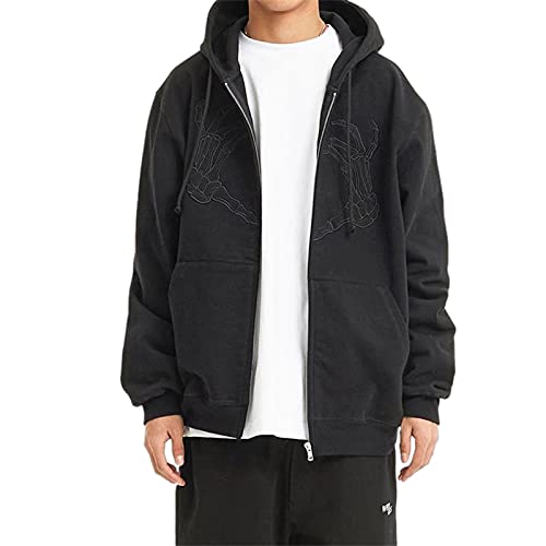 Y2K Goth Sudaderas con Capucha para Mujer Estampado de Esqueleto Manga Larga Cremallera Sudadera gráfica de Gran tamaño Ropa de Calle de Halloween (Black, 3X-Large) Cover