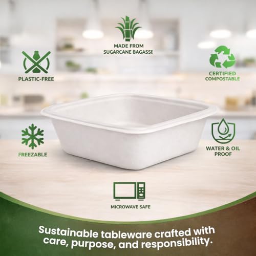 Image of Eco Disposable Square Dona Bagasse Bowls - Biodegradable Disposable Bowls - Eco-Friendly Dip, Sauce & Chutney Disposable Cups - Leak-Resistant Small Serving Bowls (Pack of 50)