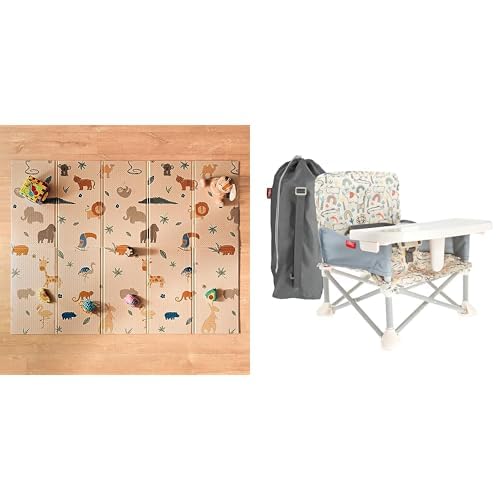 Nuby Safari Bundle with Reversible Baby Floor Mat and Easy Go Pop-Up Booster Seat with Removable Tray - Easy Storage and Travel - Summer Travel Essentials