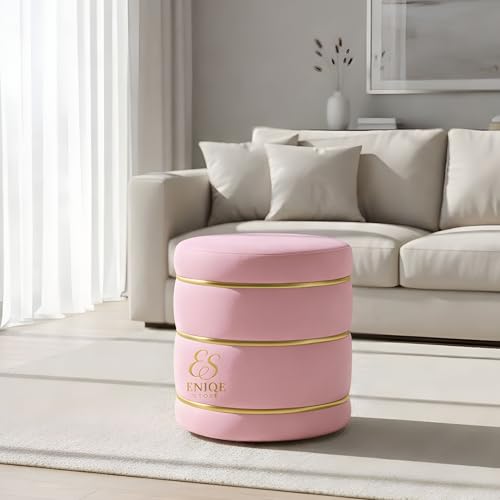 Image of Luxury Velvet Ottoman Stool | Modern Round Footrest with Gold Accent | Stylish Living Room & Bedroom Ottoman Baby Pink