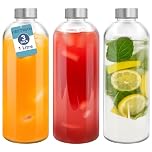 HEFTMAN Glass Water Bottle 1 Litre - 3 Pack Empty Glass Bottles with Lids - Water, Smoothies, Glass Juice Bottles with Airtight, Leakproof, Stainless Steel Lids & Cleaning Brush for Work, Gym, Home