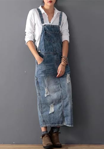 chouyatou Women's Adjustable Strap Distressed Denim Overall Dress A-Line Pinafore Jean Dress with Split4