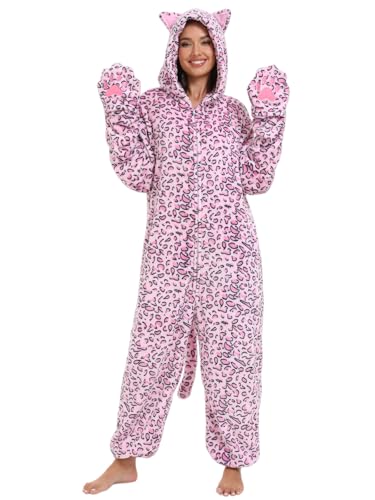 DKRUW Adult Onesie Pajamas Animal One Piece Pink Leopard Cat Costume Halloween Cosplay for Women Men (Pink Leopard Cat Small)