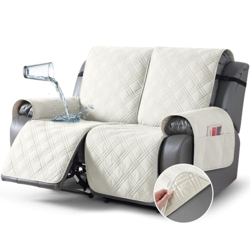 Image of TAOCOCO Waterproof Loveseat Recliner Covers Non Slip for Reclining 2 Seater | 100% Waterproof & Washable Split Couch Cover for Dogs & Pets, 2-Piece Recliner Chair Covers with Straps & Pockets, Ivory
