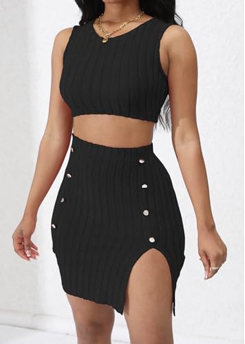 Image of Womens 2 Piece Club Outfit Going Out Dress Crop Top & Slit Skirt Set