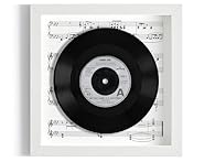 This is the genuine 7" record, raised within the frame, giving a fantastic 3D 'floating' effect. This is surrounded by either plain white cartridge paper or sheet music and a black, white or oak-effect frame, with a clear plastic glass front. Please ...